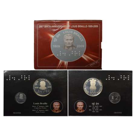 2009, 200th Birth Anniversary of Louis Braile, Proof set of 2 coins, 100 rupees and 2 rupe