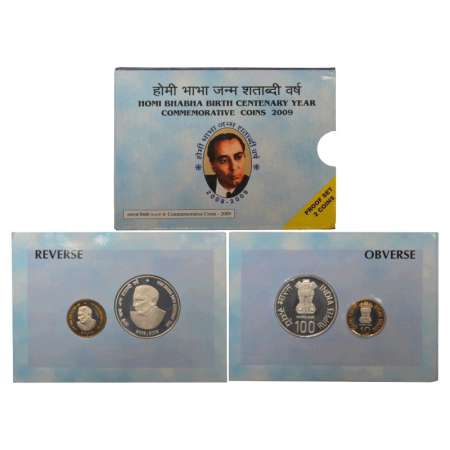 2009, Homi Bhabha Birth Centenary, Proof set of 2 coins, 100 rupees and 10 rupees, Mumbai 