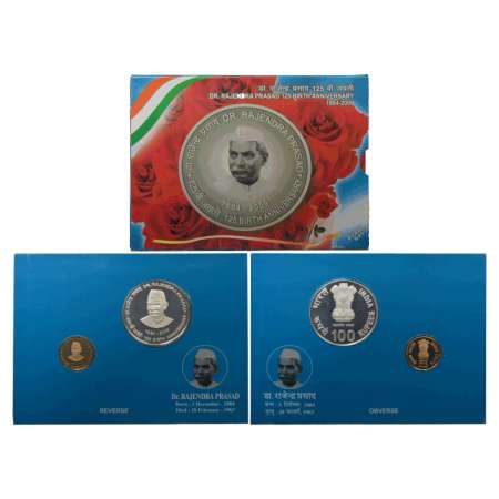 2010, 125th Birth Anniversary of Dr. Rajendra Prasad, Proof set of 2 coins, 100 rupees and