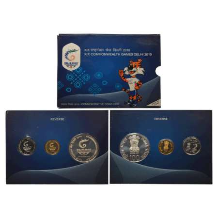 2010, XIX Commonwealth Games Delhi, Proof set of 3 coins, 100 rupees, 5 rupees and 2 rupee