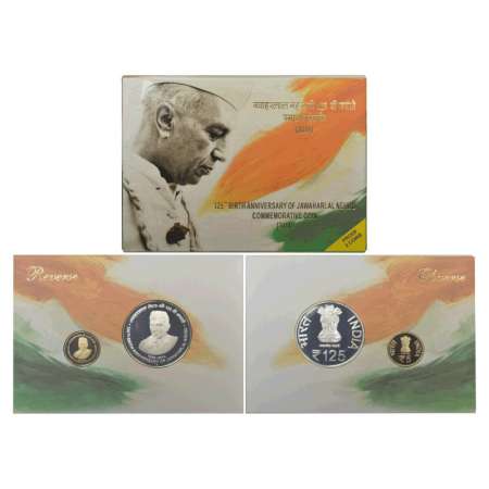 2014, 125th Birth Anniversary of Jawaharlal Nehru, Proof set of 2 coins, 125 rupees and 5 