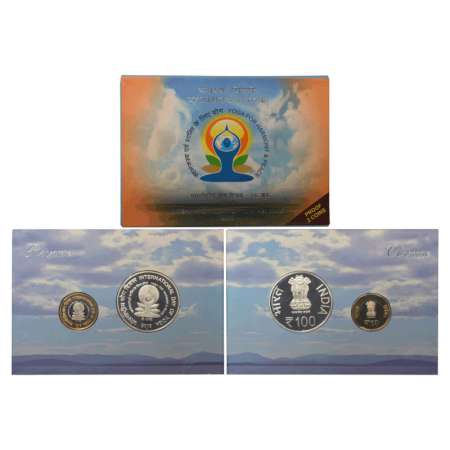 2015, International Day of Yoga-21 June, Proof set of 2 coins, 100 rupees and 10 rupees, M