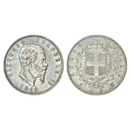 Italy, Vittorio Emanuele II, Silver 5 lira, 1869, 'BN' mint mark, 24.88g. Obv: Portrait bu