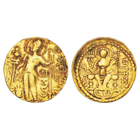 Gupta Empire, gold dinar of Samudra Gupta (345-375 AD), 'Standard / Javelin' type, Altekar