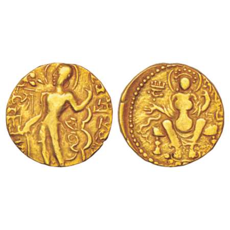 Gupta Empire, gold dinar of Chandra Gupta II (375-415 AD), 'Archer / Goddess on Throne' ty