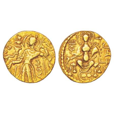 Gupta Empire, gold dinar of Chandra Gupta II (375-415 AD), 'Archer / Goddess on Throne' ty