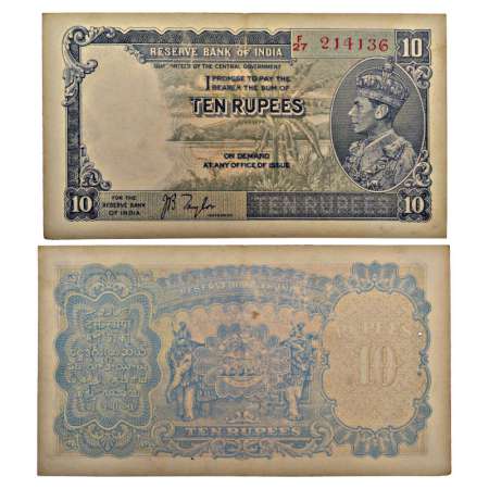 George VI, 10 rupees, 1st issue, ND (1938), signed by J.B. Taylor, serial no.: F27 214136,