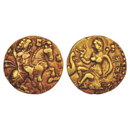 Gupta Empire, gold dinar of Kumara Gupta I (415-450 AD), 'horseman' type, Altekar Class II
