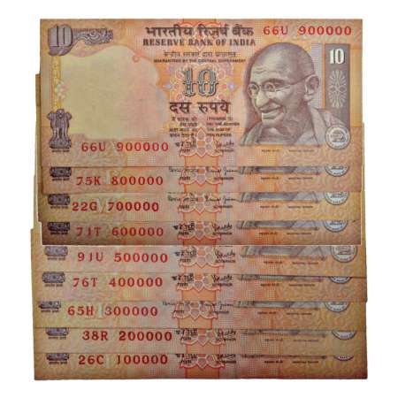 10 rupees, set of 9 fancy number notes, various year, signed by Y.V. Reddy, various inset,