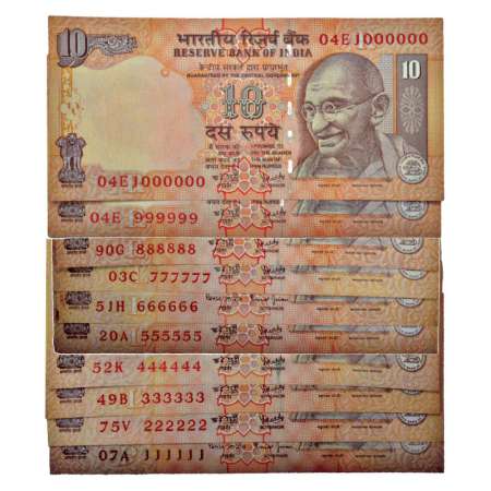10 rupees, set of 10 fancy number notes, 2006 and without year, various inset, signed by B