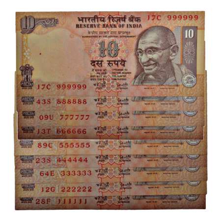 10 rupees, set of 9 fancy number notes, various year, signed by Y.V. Reddy, various inset,