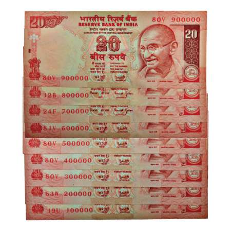 20 rupees, set of 9 fancy number notes, signed by Y.V. Reddy / Bimal Jalan, without inset,
