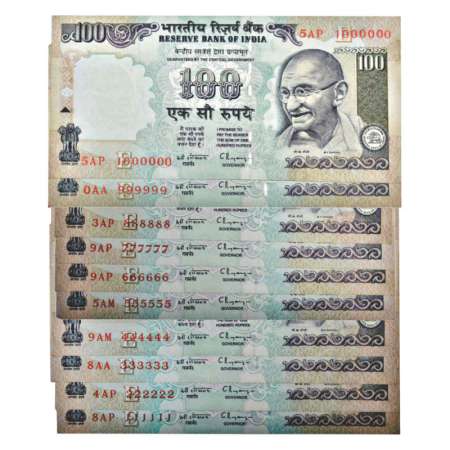 100 rupees, set of 10 fancy number notes, signed by C. Rangarajan, serial no.: 111111 to 1