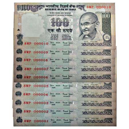100 rupees, set of 10 fancy number notes, without year, signed by Bimal Jalan, inset 'L', 