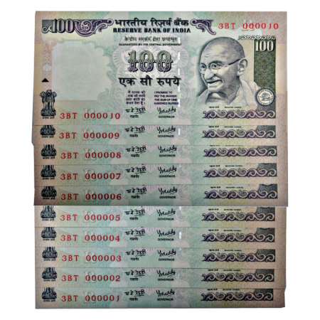 100 rupees, set of 10 fancy number notes, without year, signed by Y. V. Reddy, inset 'F', 
