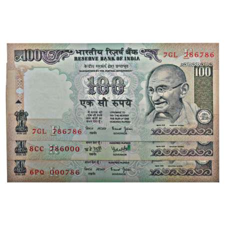 100 rupees, fancy number notes (3), 2x without year, signed by Bimal Jalan, Inset 'F' & 'L