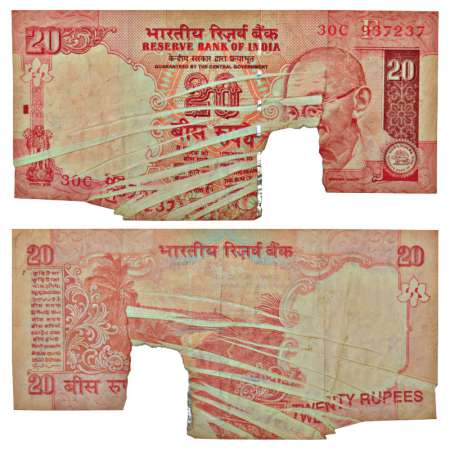 20 rupees, misprint, signed by D. Subbarao, inset 'F', serial no.: 30C 937237, machine stu