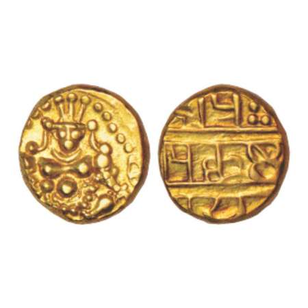 Nayakas of Chitradurga, gold pagoda, 3.24g. Obv: Bal gopal seated facing front. Rev: Nagar