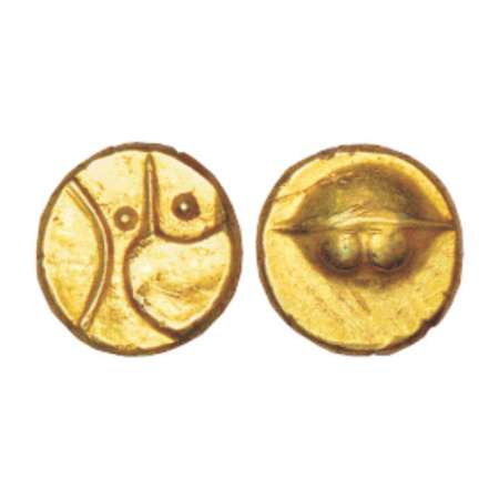 Sultans of Bijapur, Anonymous, hudki gold ½ pagoda, 1.67g. Obv: A boat like uncertain symb