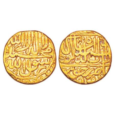 Akbar (1556-1605 AD), gold mohur, 10.37g, Jaunpur mint, AH (9)80, kalima within curved cin