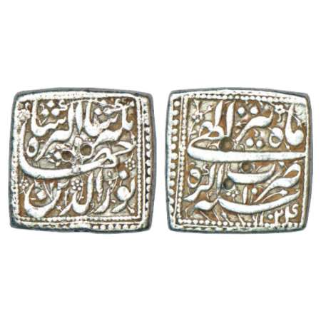 Jahangir (1605-1627 AD), silver square rupee, Agra mint, Tir, AH 1024/RY 10, KM 147.2, dec
