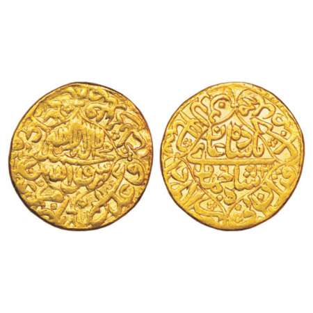 Shah Jahan (1628-1658 AD), gold mohur, 10.70g, Akbarabad mint, AH 1043/RY 6. Obv: Kalima w