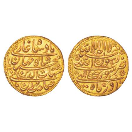 Shah Jahan (1628-1658 AD), gold mohur, 10.97g, Surat mint, Azar 2, KM 255.6, complete die 