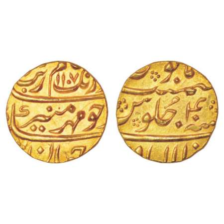 Aurangzeb (1658-1707 AD), gold mohur, 11.08g, Allahabad mint, AH 1107/RY 40, KM 315.9. Unc