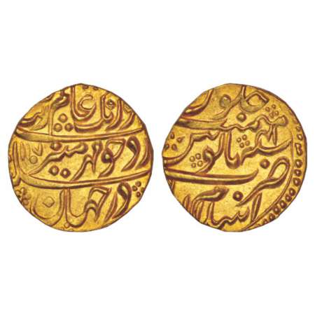 Aurangzeb (1658-1707 AD), gold mohur, 10.93g, Islamabad mint at bottom, AH 1107/RY 41, KM 