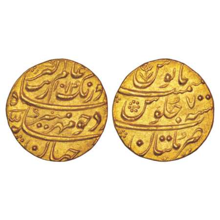 Aurangzeb (1658-1707 AD), gold mohur, 10.96g, Multan mint (fully visible), AH 1074/RY 7, f