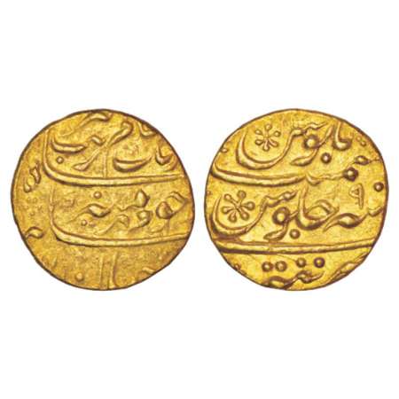 Aurangzeb (1658-1707 AD), gold mohur, 11.00g, Tatta mint, 'Mihr' couplet, RY 9, KM 315.46.