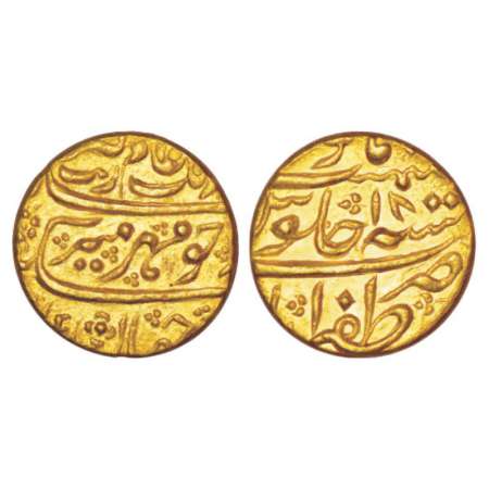 Aurangzeb (1658-1707 AD), gold mohur, 10.95g, Zafarabad mint, RY 18, KM 315.49. About extr
