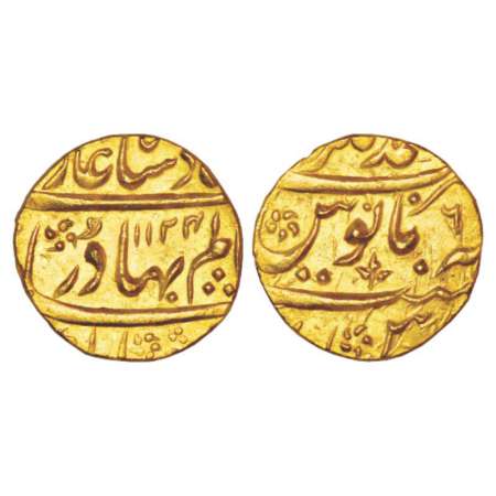 Shah Alam Bahadur (1707-1712 AD), gold mohur, 10.96g, Ahmadnagar mint at top, AH 1124/RY 6