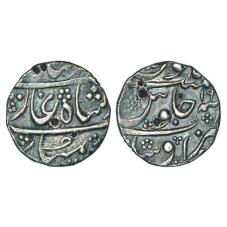 Muhammad Shah (1719-1748 AD), silver rupee, Ausa mint, RY 16, KM 436.10, shroff marks. Ver