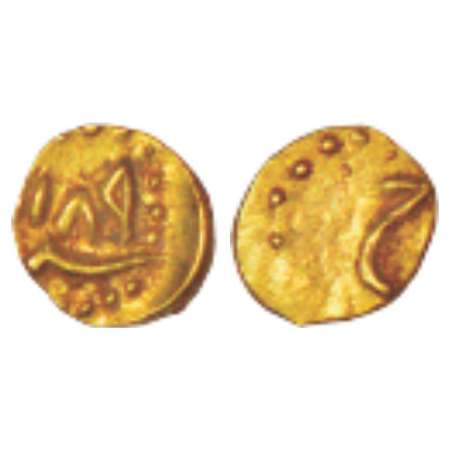 Mysore, Haidar Ali (1761-1782 AD), gold fanam, 0.20g. Obv: Date (1)189. Rev: Nafari he, KM