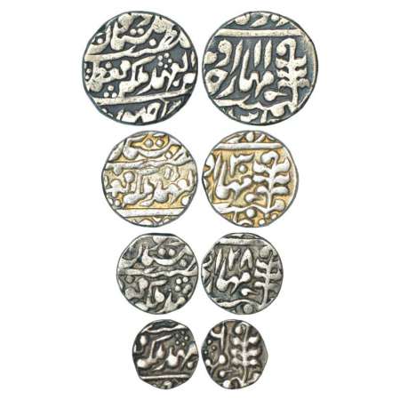 Jaipur, set of 4 silver coins, 1 rupee, 11.42g, RY 11, ½ rupee, 5.69g, RY 30; ¼ rupee, 2.8