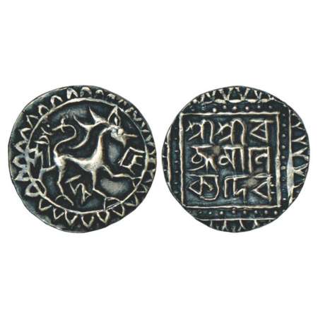 Tripura, Ratna Manikya (1464-1489 AD), silver tanka, undated. Obv: Lion facing right, Śrī 