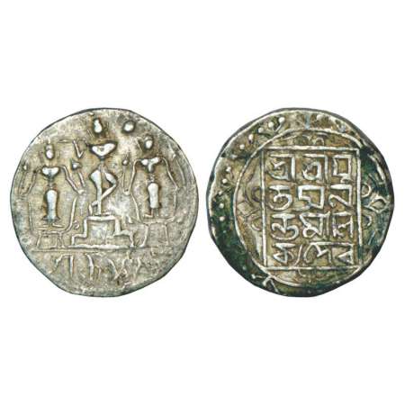 Tripura, Ananta Manikya (1564-1567 AD) silver tanka, SE 1486, 10.64g. Obv: Krishna playing