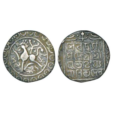 Tripura, Krishna Manikya (1760-1783 AD), silver tanka, SE 1682. Obv: Lion facing left. Rev
