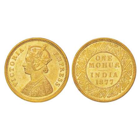 Victoria Empress, gold mohur, 11.64g, 1877, Calcutta mint, two flowers in bottom panel and