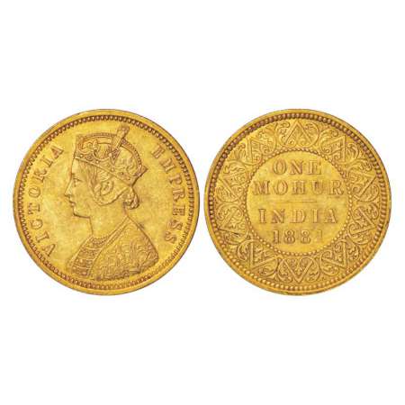 Victoria Empress, gold mohur, 11.64g, 1881, Calcutta mint, two flowers in bottom panel and
