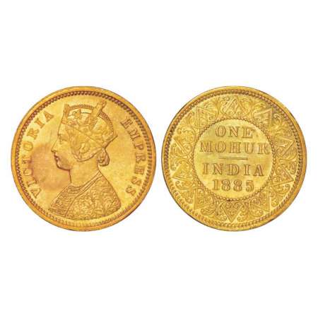 Victoria Empress, gold mohur, 11.65g. 1885, Calcutta mint, two flower type and tiny 'V' in