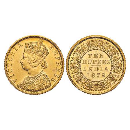 Victoria Empress, gold ten rupees, 1879, Proof re-strike, 7.76g, Bombay mint, large bust d