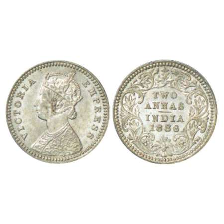Victoria Empress, silver 2 annas, 1886, Calcutta mint, B/II/'C' incused, PR 501, GK 782. U