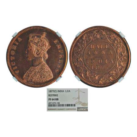 Victoria Empress, copper half anna, proof re-strike, 1877, Bombay mint. Obv: Crowned and r