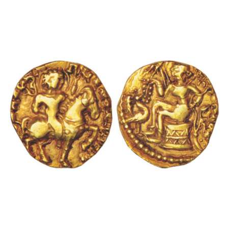 Gupta Empire, gold dinar of Kumar Gupta I (415-455 AD), 'Horseman' type, Altekar class II.