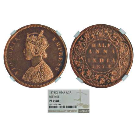 Victoria Empress, copper half anna, proof re-strike, 1878, Calcutta mint, bust 'B'. Obv: C