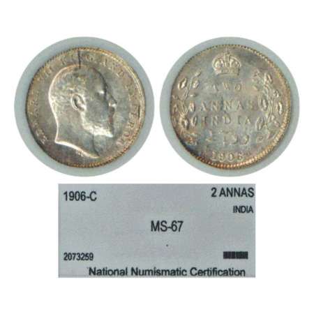 Edward VII, silver 2 annas, 1906, Calcutta mint, PR 559; GK 983. Graded as MS67 by Nationa