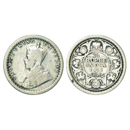 George V, silver ¼ rupee, 1911, Calcutta mint, no dot, Pig type, PR 440; GK 1080. Very fin