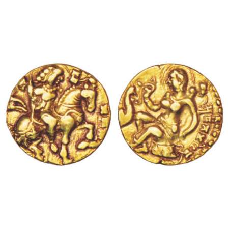 Gupta Empire, gold dinar of Kumara Gupta I (415-455 AD), 'horseman' type, Altekar Class II